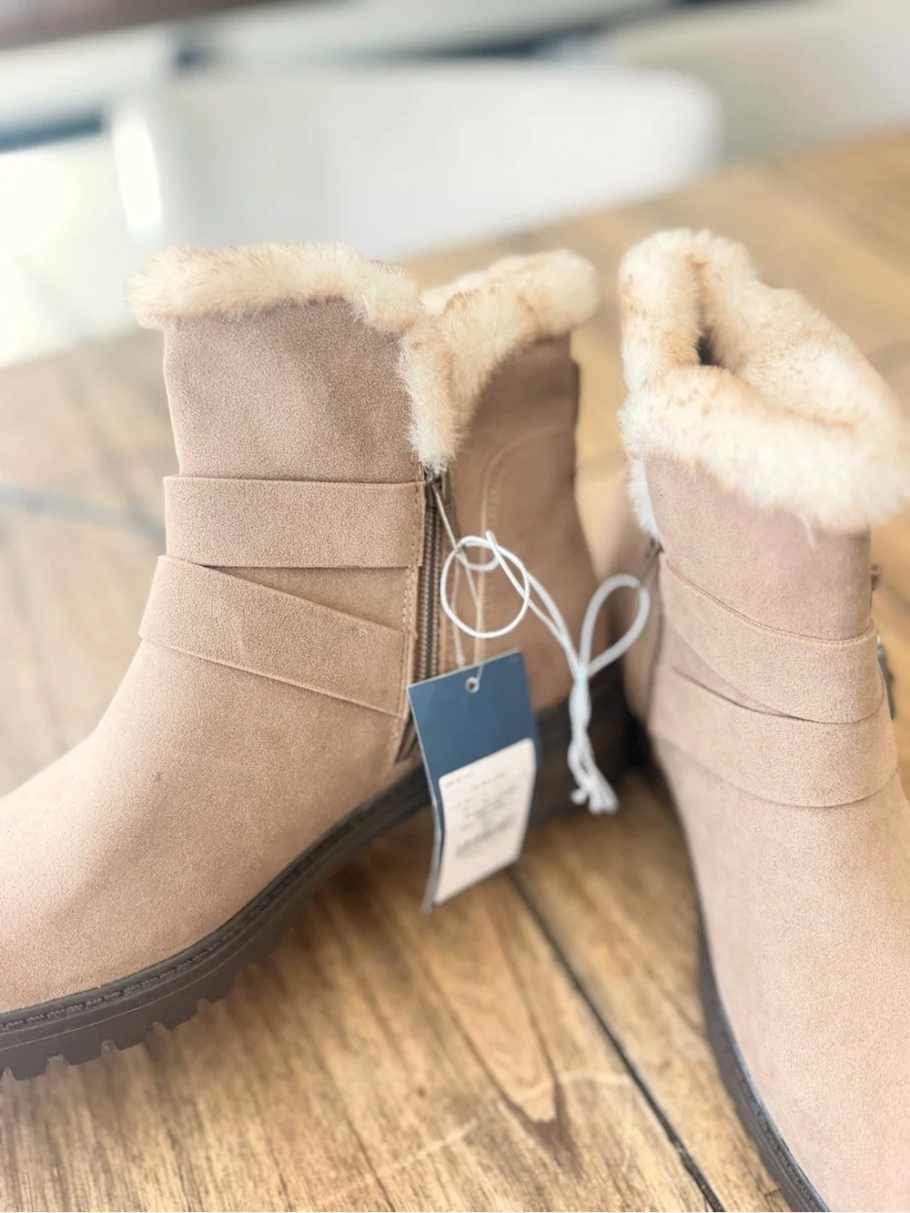 Universal Thread tan faux-suede double-buckle moto ankle boots feature a plush